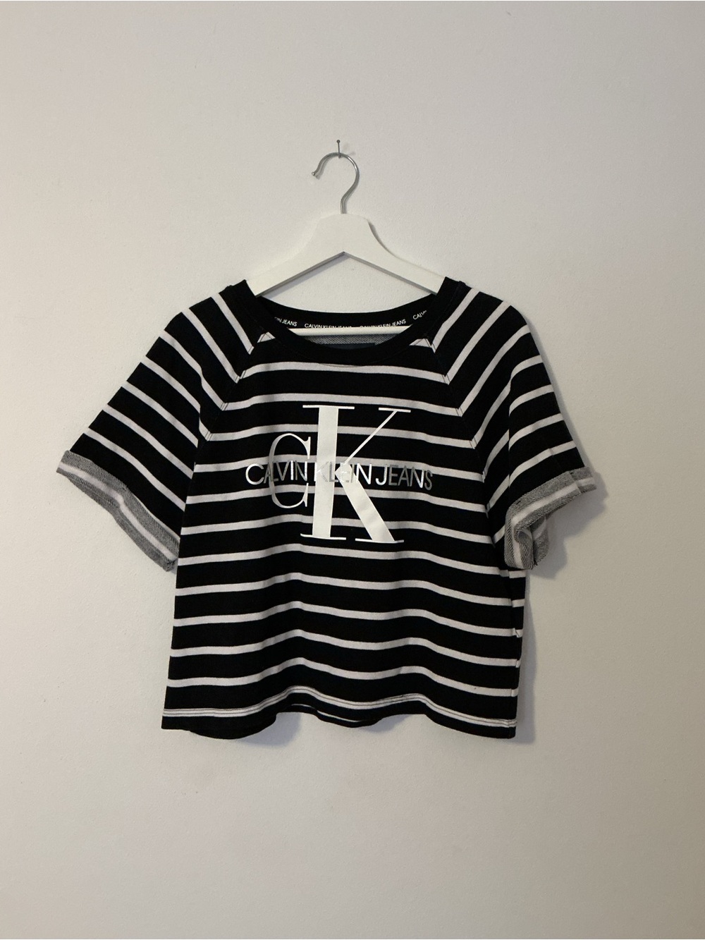 Calvin Klein Jeans Black & White Striped Logo Cropped Tee